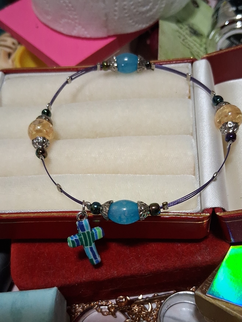 Source Unknown Blue and Yellow Beaded Cross Charm Bracelet - Women Jewelry